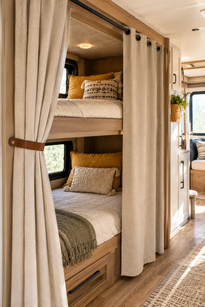 Neutral thermal blackout privacy curtains hung on a tension rod across an RV children's bunk bed opening.