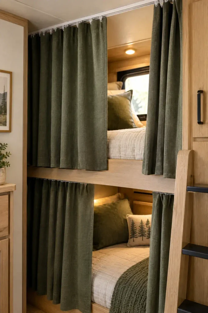 Ceiling mounted blackout track curtains closed halfway on an RV bunk bed for privacy.
