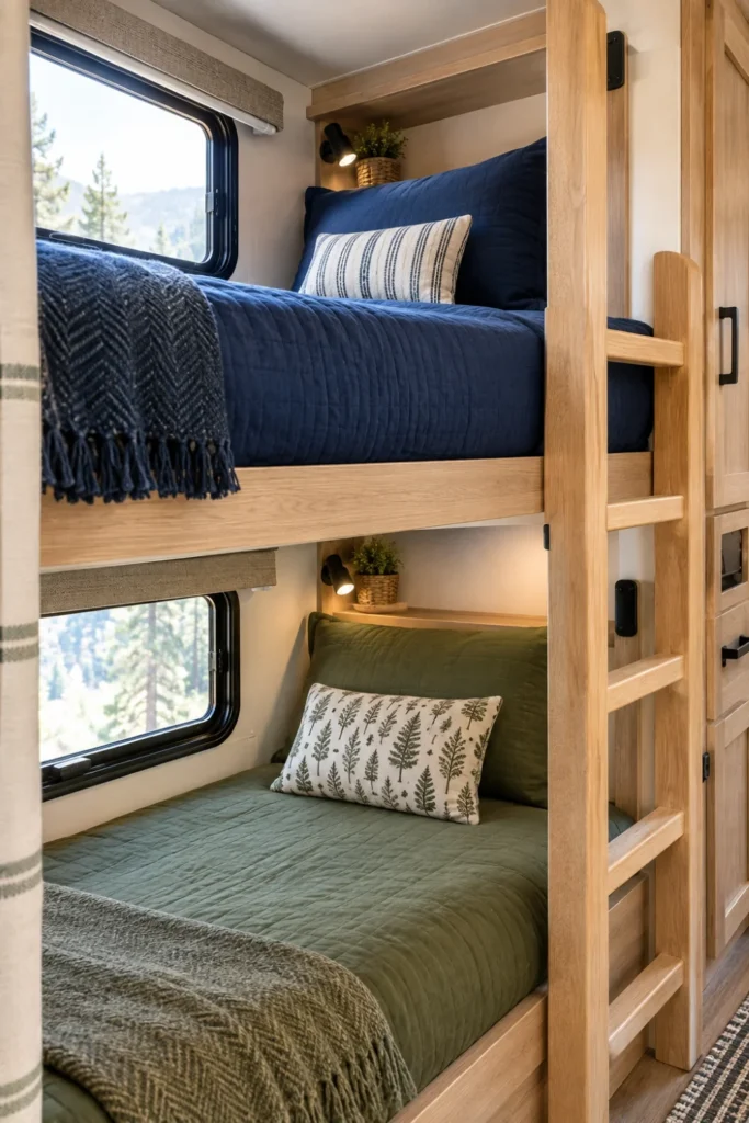 Two RV bunk beds styled with coordinating color-coded fitted bedding and corner tension straps.