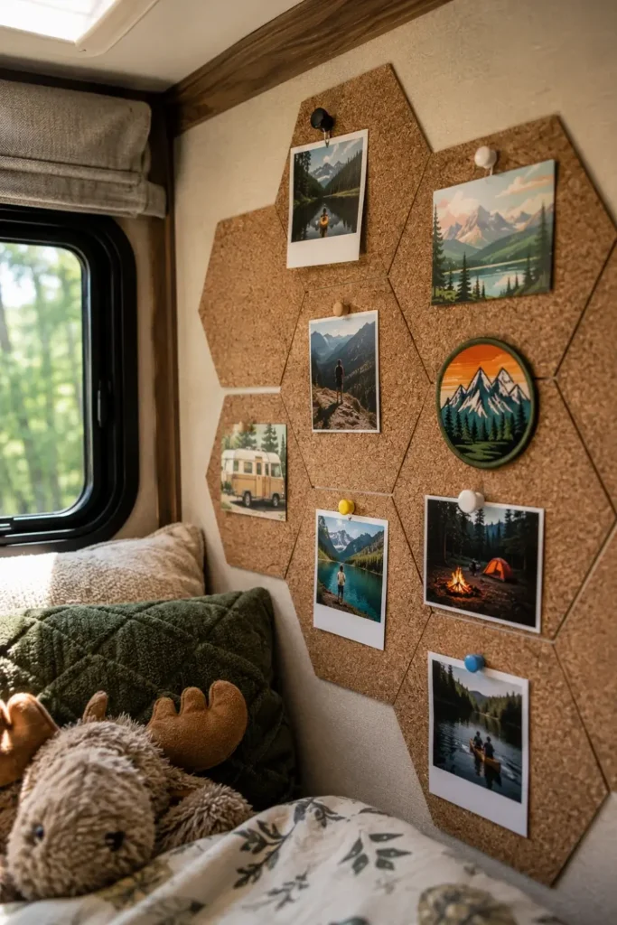 A close-up of an RV bunk wall covered in hexagonal peel-and-stick cork tiles pinned with various colorful travel postcards and photos.