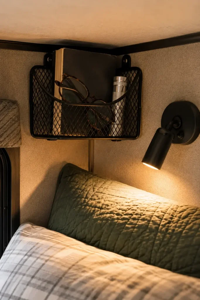 A small, open-front wire basket is mounted in the corner of an RV bunk, holding reading glasses, a book, and a small flashlight.