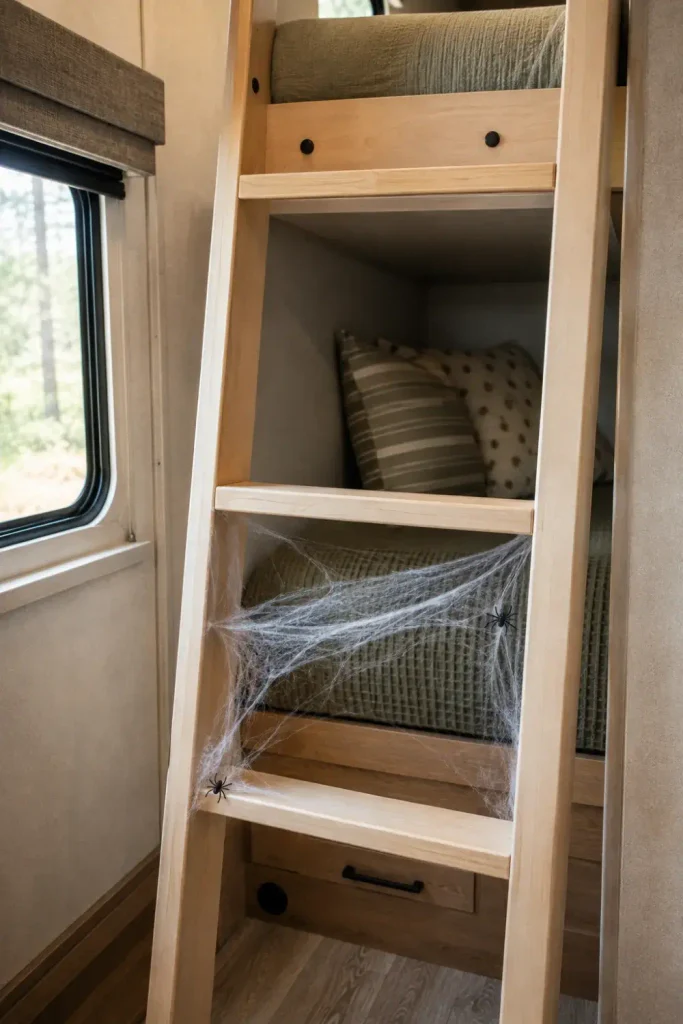 Thin decorative faux spiderwebs stretched across light wood bunk bed ladder rungs in a family travel trailer.
