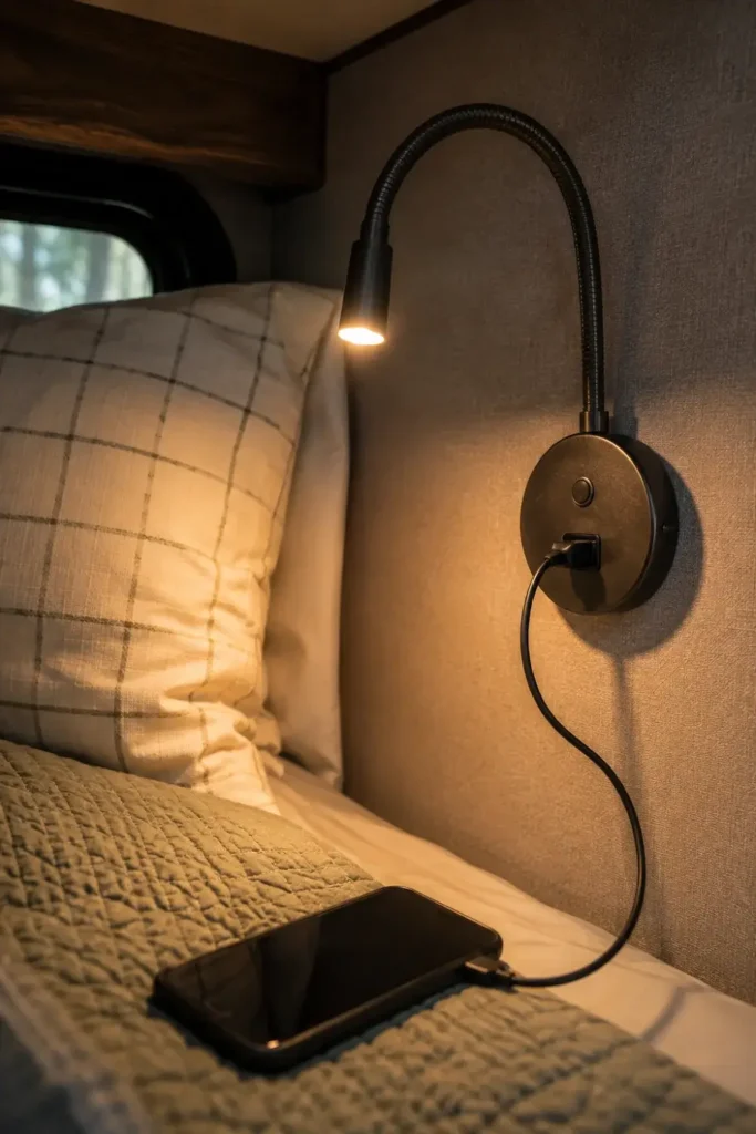 A close-up of a warm LED gooseneck reading light mounted on an RV bunk wall, with a phone charging via its integrated USB port.
