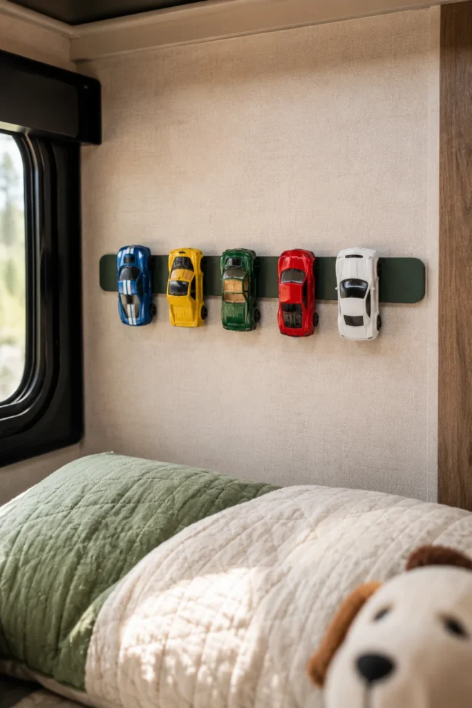 Silicone-coated magnetic wall strip mounted in a camper bunk holding small metal toy cars securely.