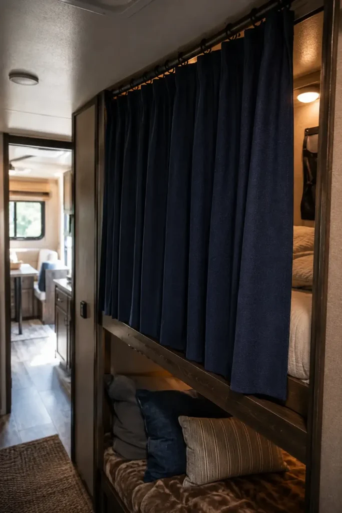 An upper RV bunk is completely enclosed by a closed, heavy-duty navy blue blackout privacy curtain hung on a tension rod.