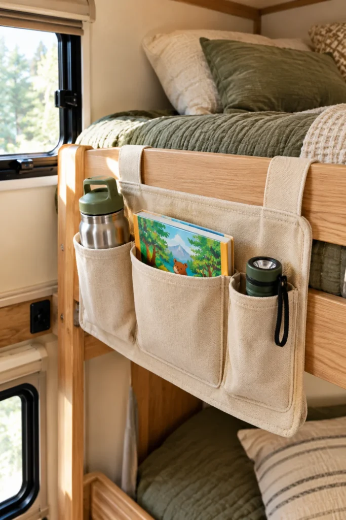 Heavy canvas bedside pocket organizer hanging on an RV wooden bunk safety rail holding a water bottle and children's book.