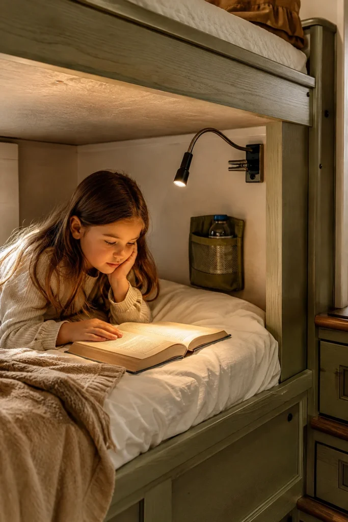 Soft warm clip-on gooseneck light mounted to a sage green wooden RV bunk frame for bedtime reading.