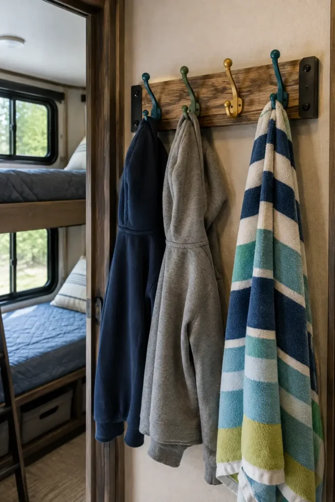 A close-up of a decorative heavy-duty coat hook rack mounted on the wall near the RV bunk room entrance, holding colorful kids' hoodies and a towel.