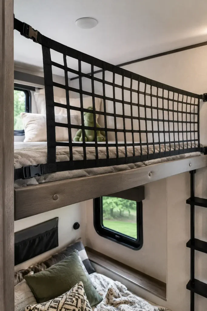 Black nylon cargo safety net with quick-release buckles installed on an upper RV bunk bed.
