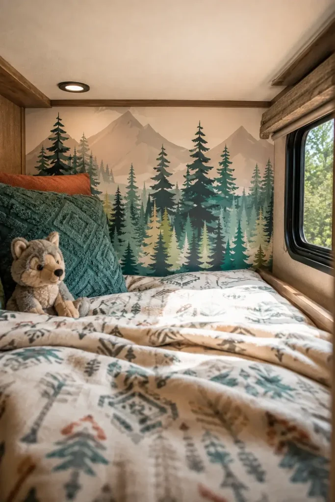 The inner wall of an upper RV bunk is covered in a bright, peel-and-stick wallpaper decal featuring a repeating pattern of stylized forest trees and mountains.