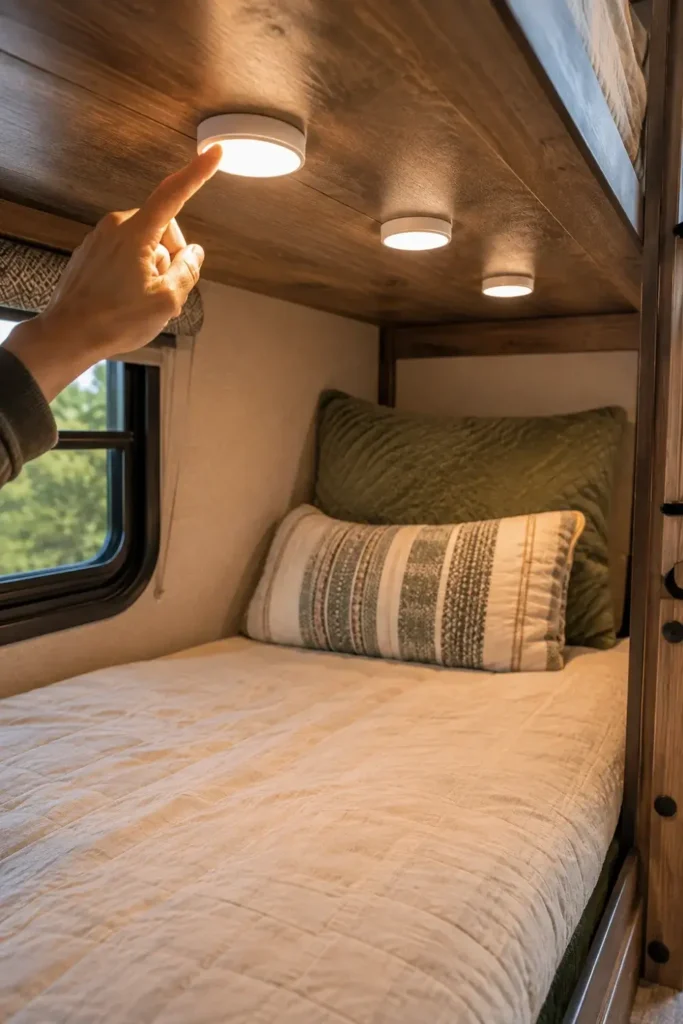 Three round, white battery-operated puck lights are mounted under the upper RV bunk frame, casting bright, even light onto the bottom bunk.