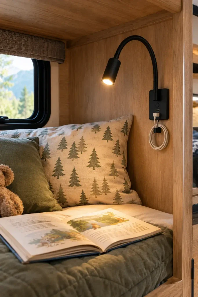 Matte black flexible gooseneck reading light with built-in USB port mounted on an RV bunk wall.
