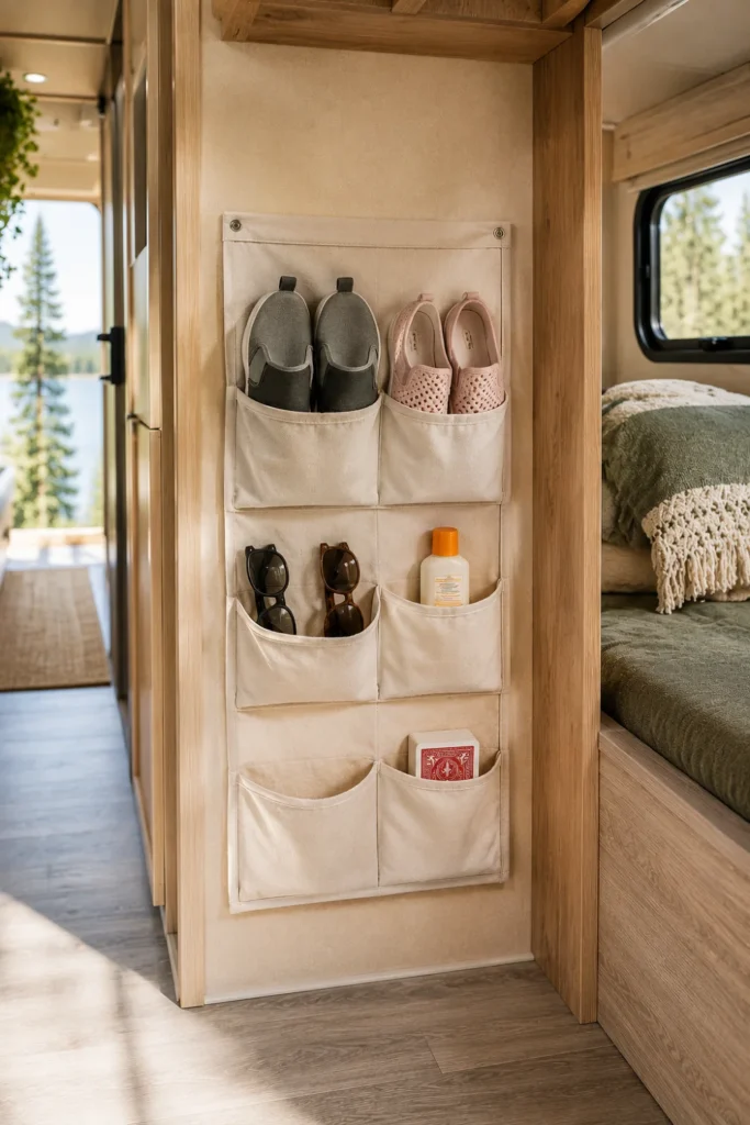 Canvas hanging organizer mounted on an RV bunk outer wall keeping shoes and outdoor essentials tidy.