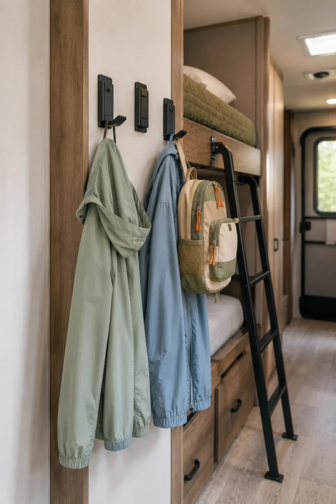 Folding swivel hooks mounted on RV bunk framing holding jackets and a backpack off the camper floor.