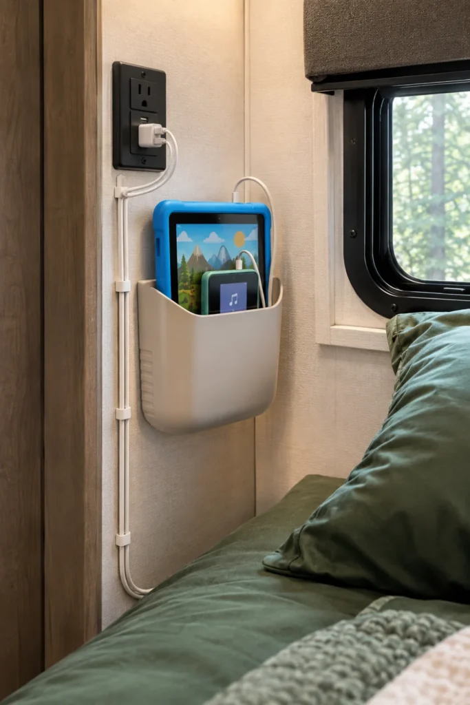 Wall-mounted silicone caddy holding a tablet with neatly organized USB cables in an RV bunk.
