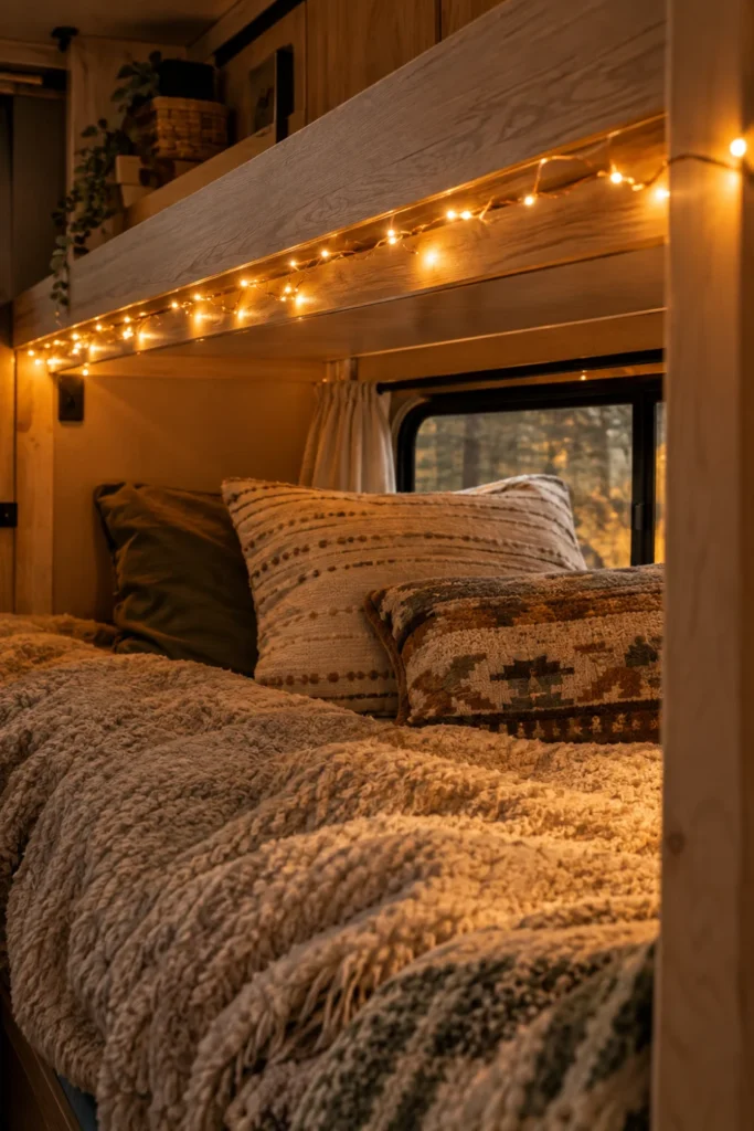 Delicate warm LED fairy lights strung along the ceiling trim of a cozy RV kids bunk bed.