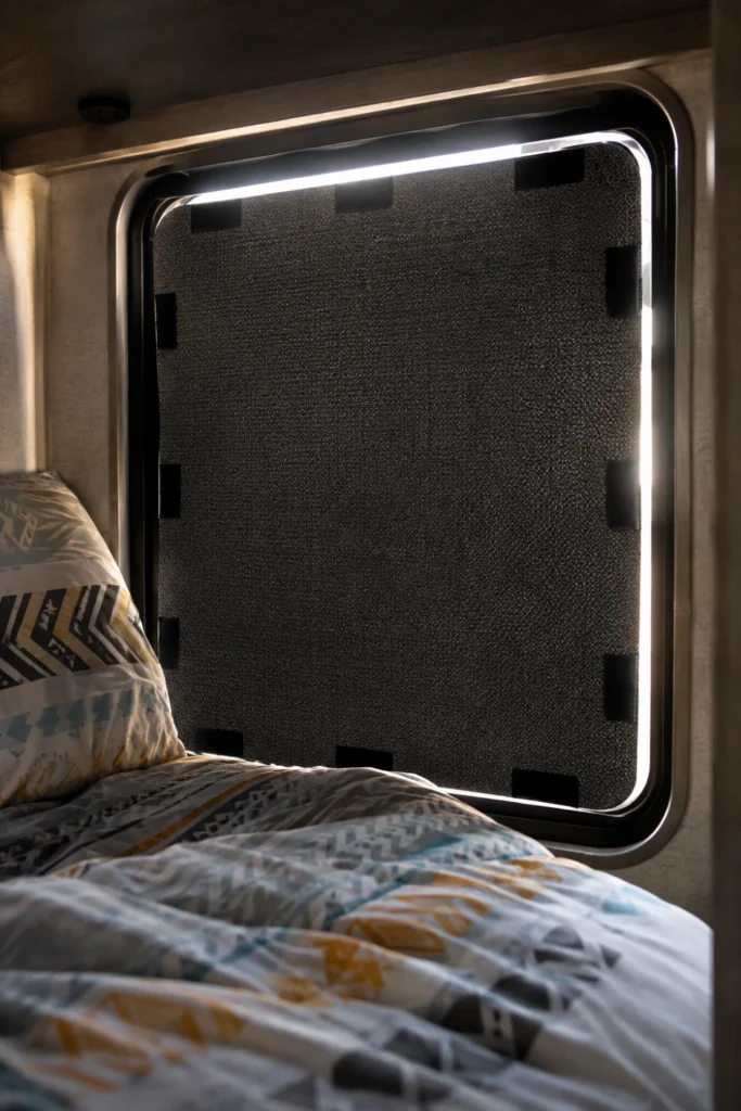 A custom-cut thermal blackout shade held over an RV window with hook-and-loop strips.