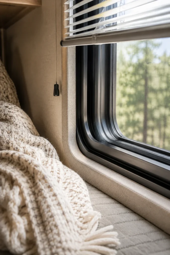Soft neutral foam edge guards applied to cold aluminum window trim beside an RV bunk bed.