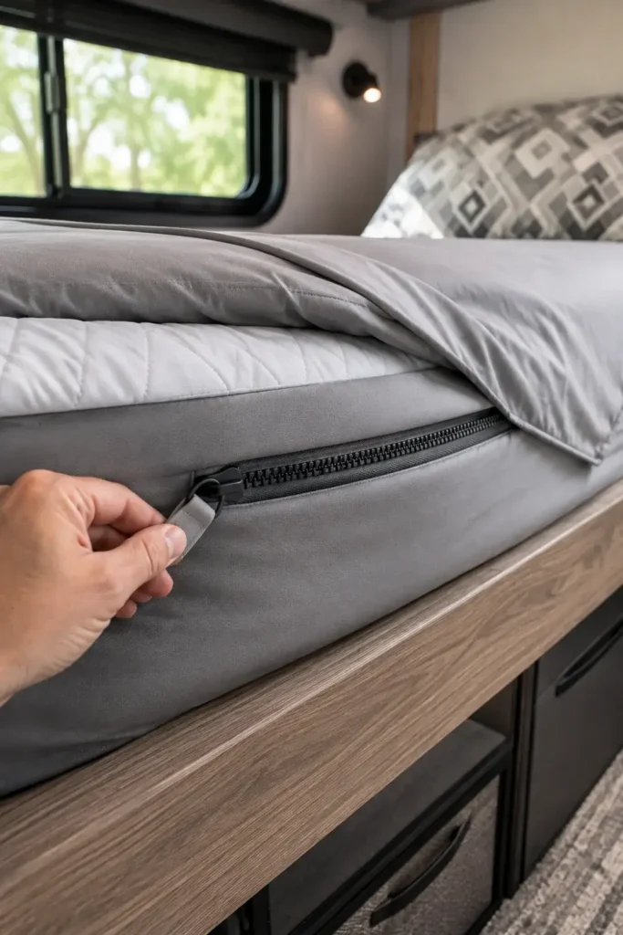 A close-up view of an RV bunk with a specialized zippered bedding system being easily zipped up to make the bed quickly.