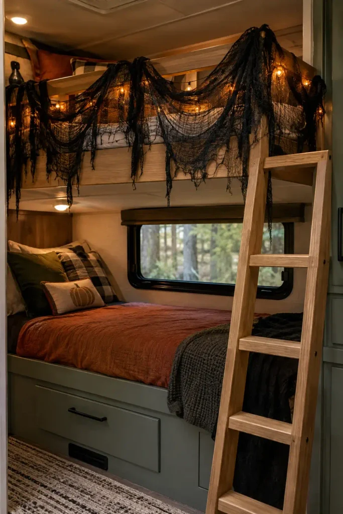Black cheesecloth spiderweb fabric draped over an RV bunkhouse top guard rail with clean ladder steps.