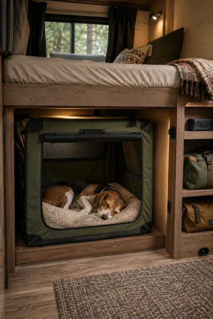 Heavy-duty canvas pop-up dog crate positioned in the lower bunk alcove of a travel trailer bunkhouse.