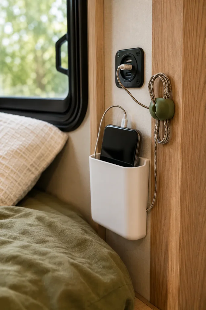 Adhesive wall phone pocket and silicone cable clip mounted beside a camper bunk USB outlet.