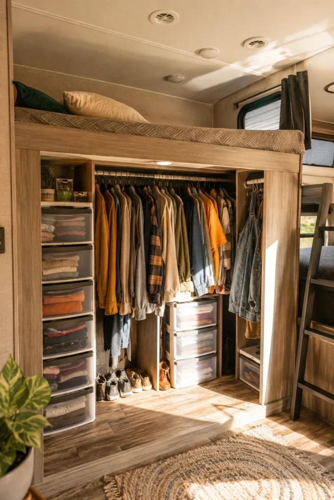 Unused top bunk bed converted into a closet organizer hub in a travel trailer.