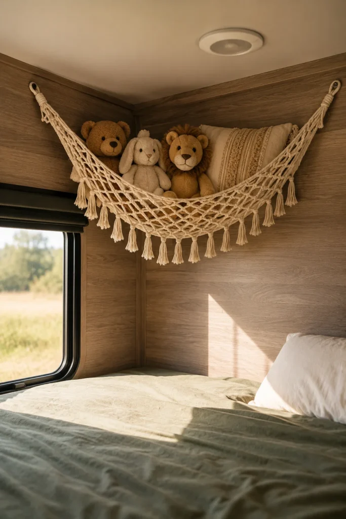 Corner macrame toy hammock hung above an RV top bunk holding stuffed animals to save bed space.