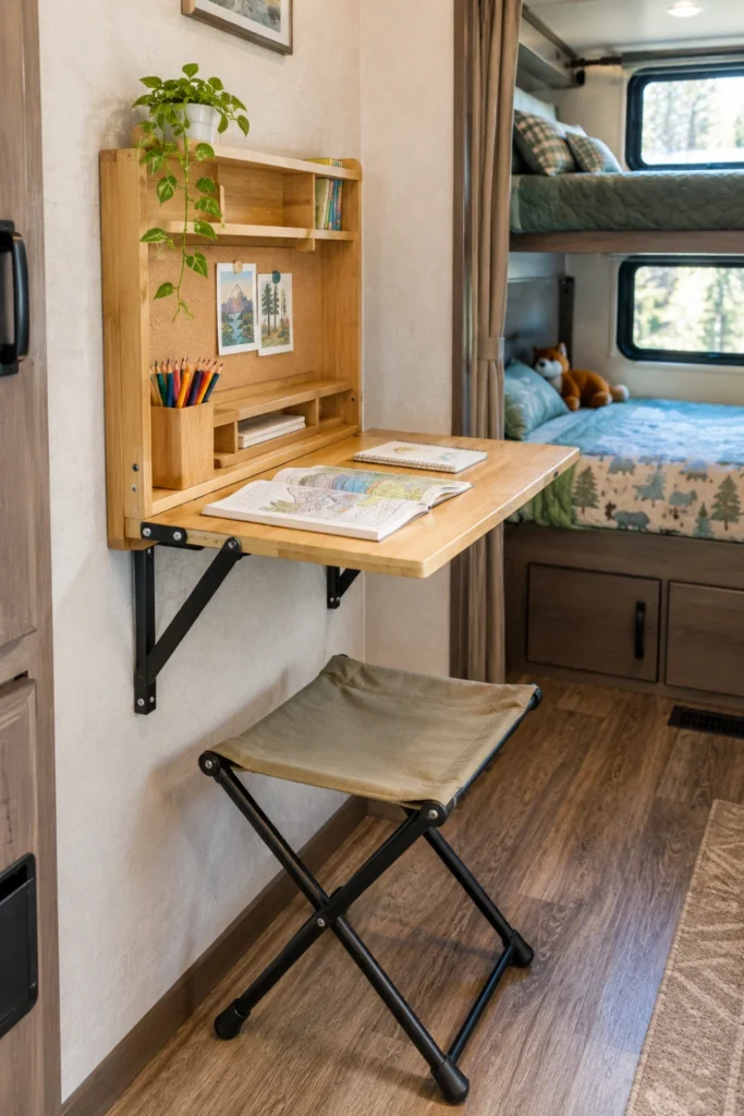 Wall-mounted wooden drop-leaf desk opened for coloring with a collapsible stool in an RV bunkroom.