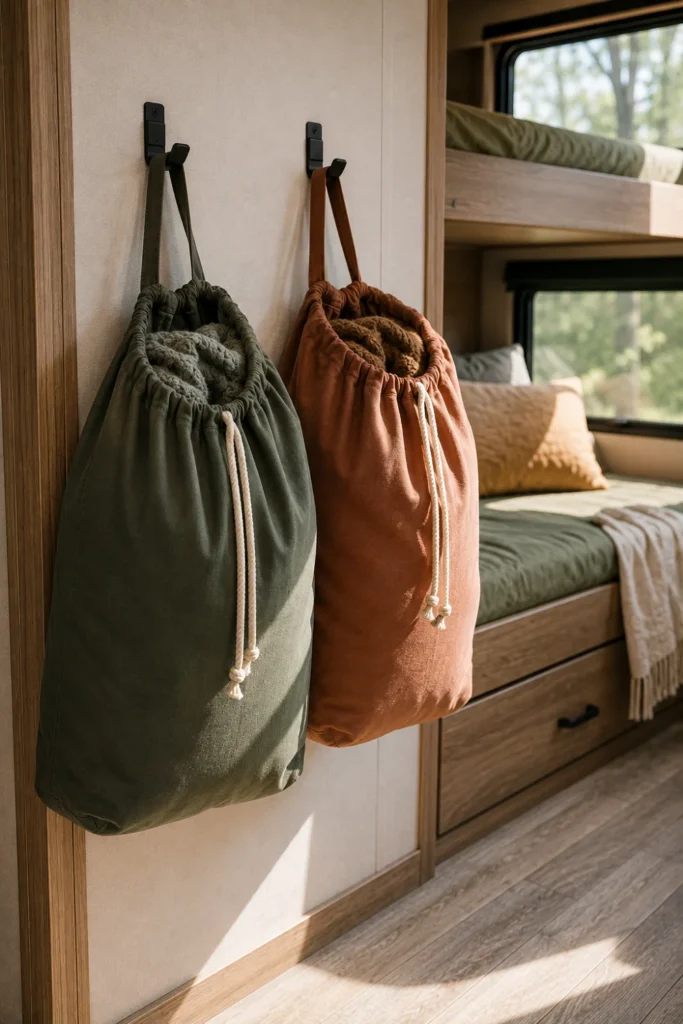 Color-coded hanging drawstring laundry bags suspended from hooks on an RV bunkhouse wall.
