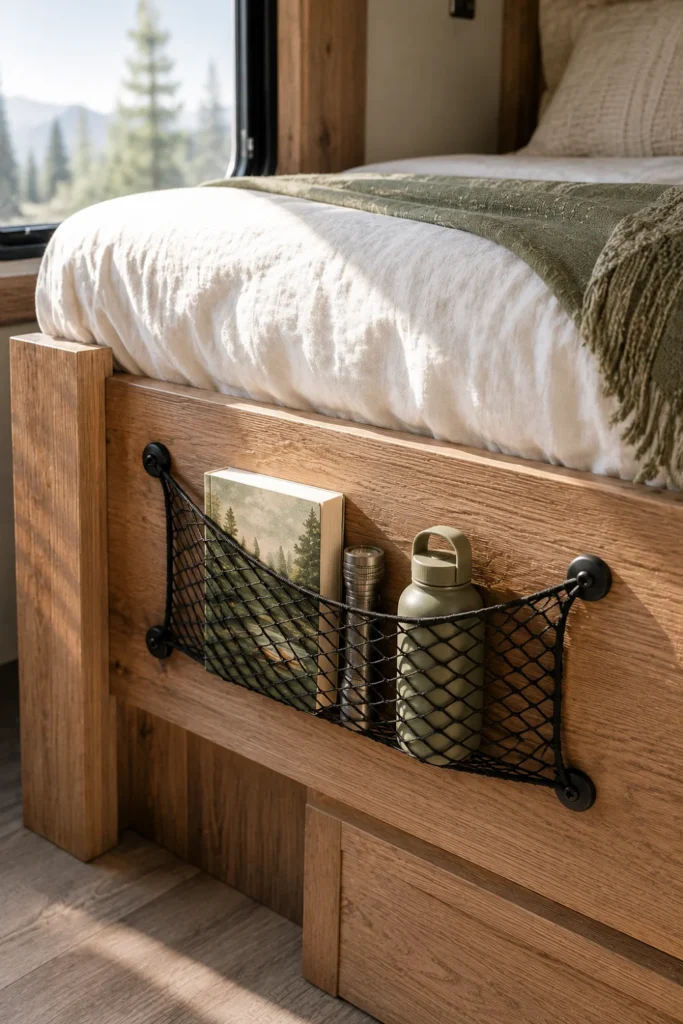 Elastic mesh cargo net installed at the foot of an RV bunk bed holding books and a flashlight to save camper space.