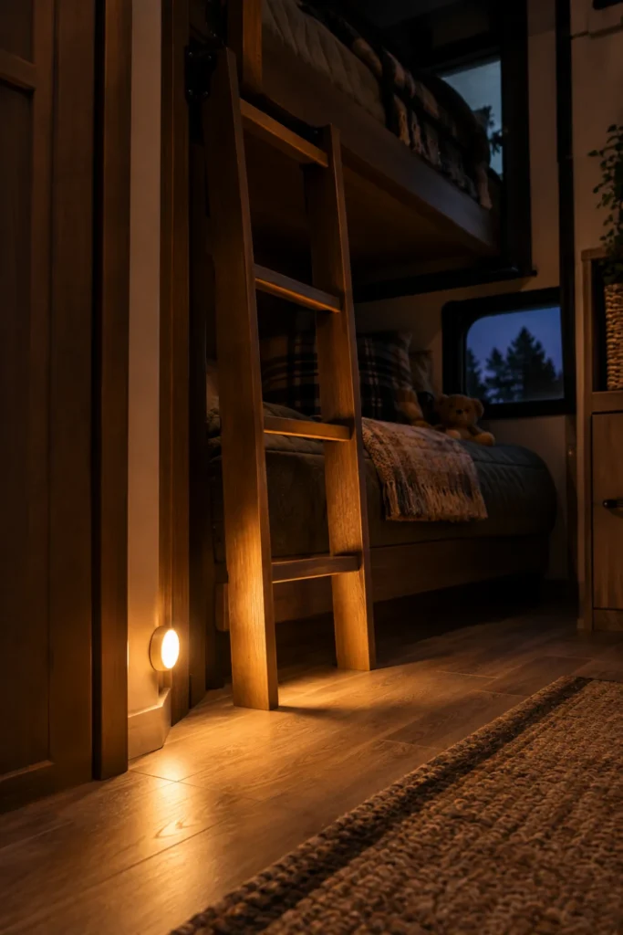 Low-profile motion sensor amber nightlight mounted near the floor along an RV bunkhouse hallway baseboard.