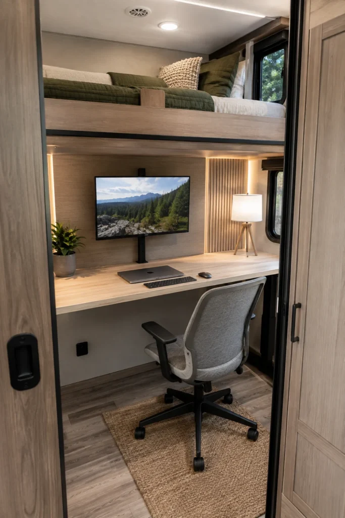 Travel trailer rear bunkhouse converted into a private remote work office with a custom desk and acoustic wall panels.