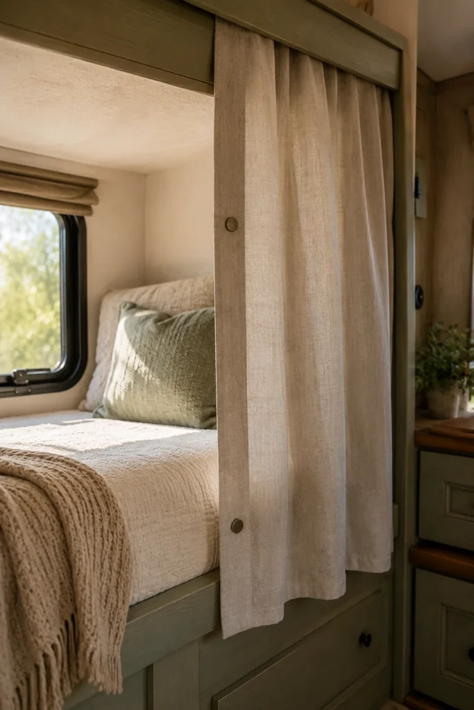 Neutral linen RV bunk privacy curtain secured to bed frame with heavy-duty magnetic seam closures.
