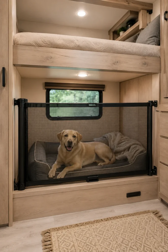 Bottom RV bunk bed converted into a spacious pet area using a retractable mesh safety gate.