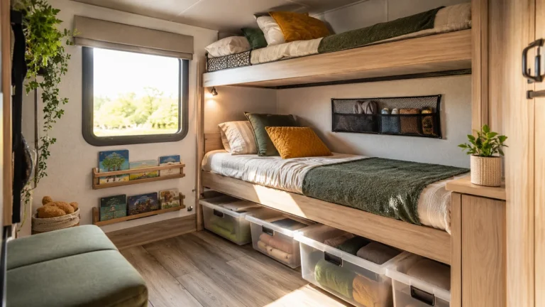 Organized RV bunkhouse featuring built-in bed storage solutions, wall-mounted book rails, and under-bed totes for a clean camper interior.