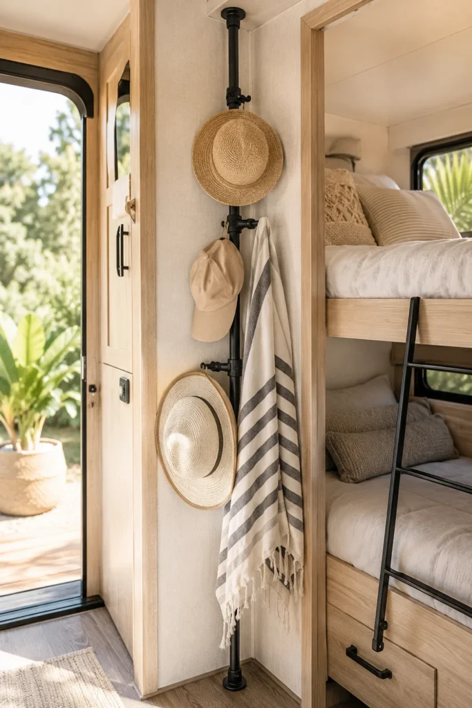 Floor-to-ceiling corner tension pole with hooks holding towels and hats inside a travel trailer bunkhouse.