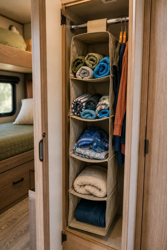 Multi-tier hanging soft shelf unit inside an RV bunkhouse wardrobe closet holding folded kids' clothing.