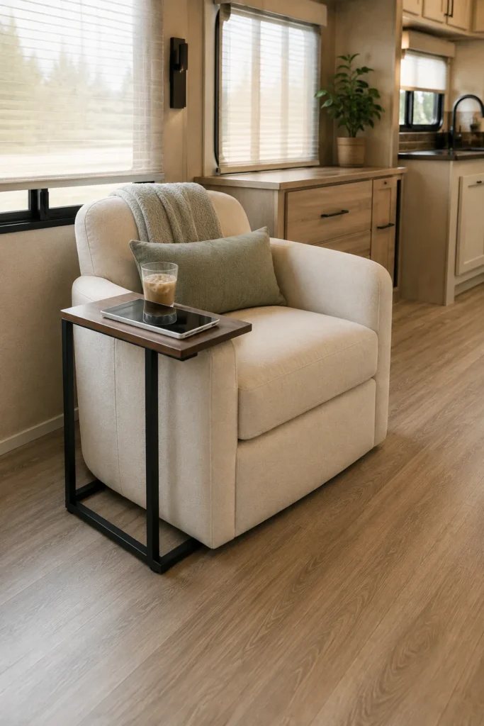 Slim C-table slid over the armrest of a cozy armchair providing a space-saving dining and work surface in an RV.