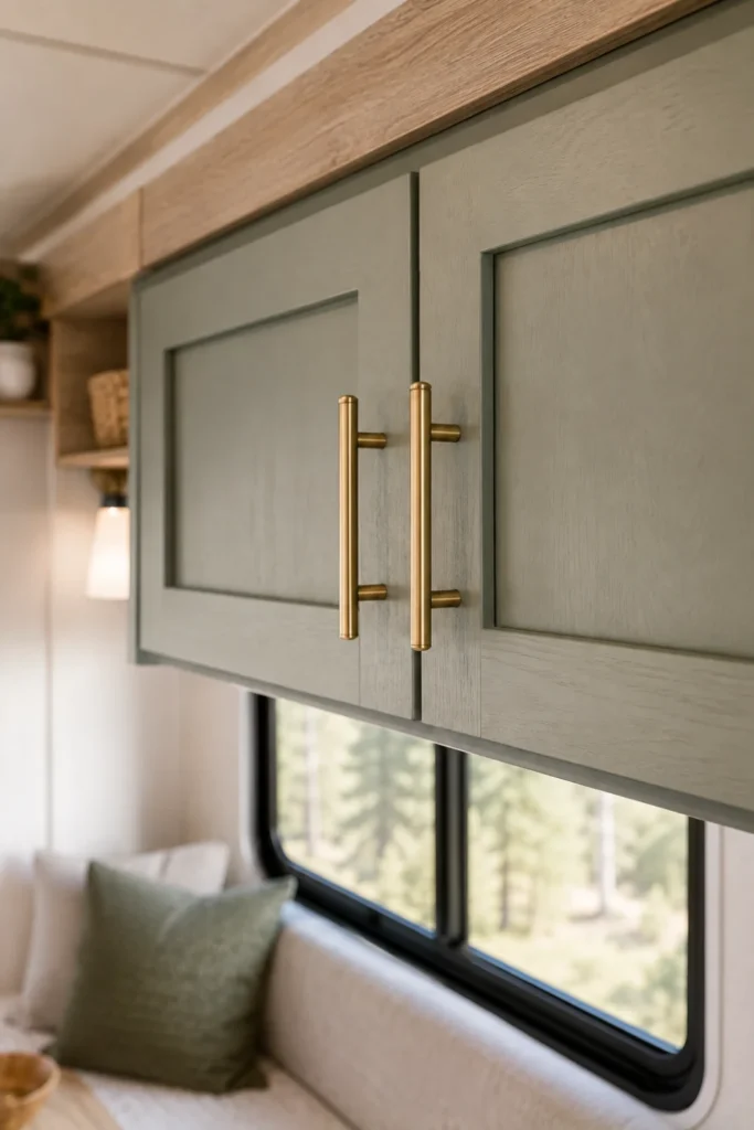 Brushed brass modern handles installed on painted sage green RV cabinet doors.