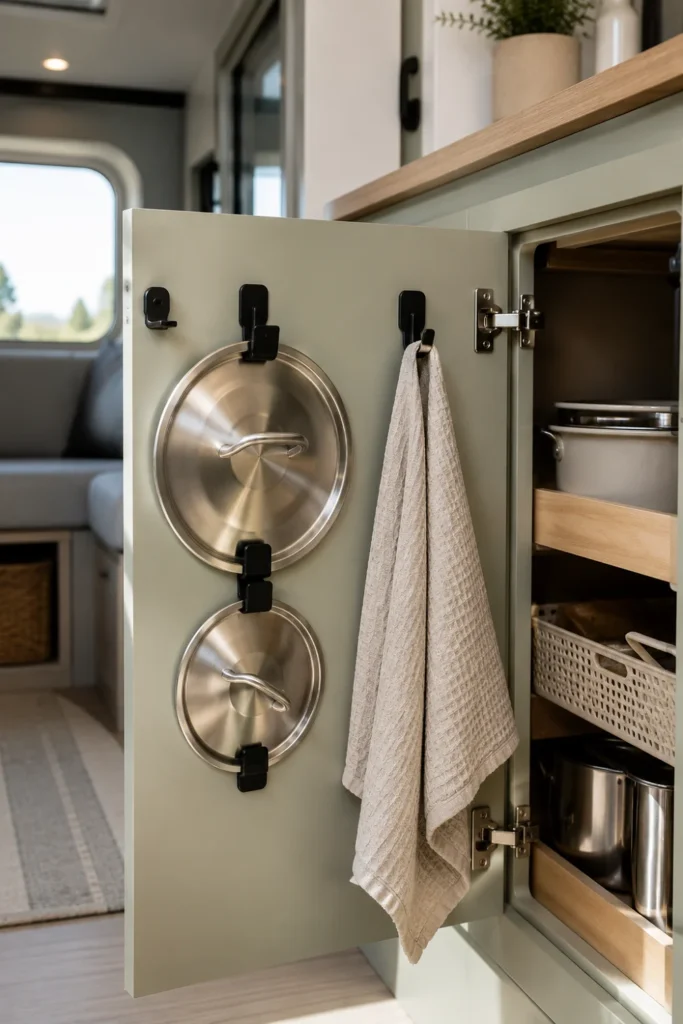 Adhesive hooks mounted inside an RV cabinet door holding pot lids and a dish towel to organize cookware.