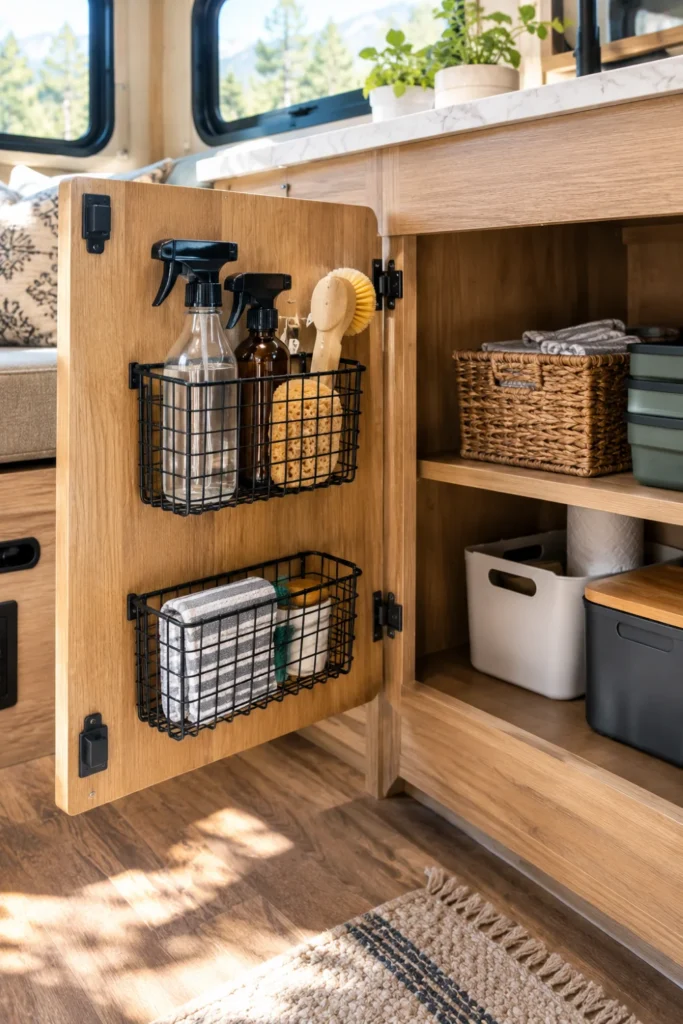 Black wire storage basket mounted inside an RV lower cabinet door holding cleaning supplies.