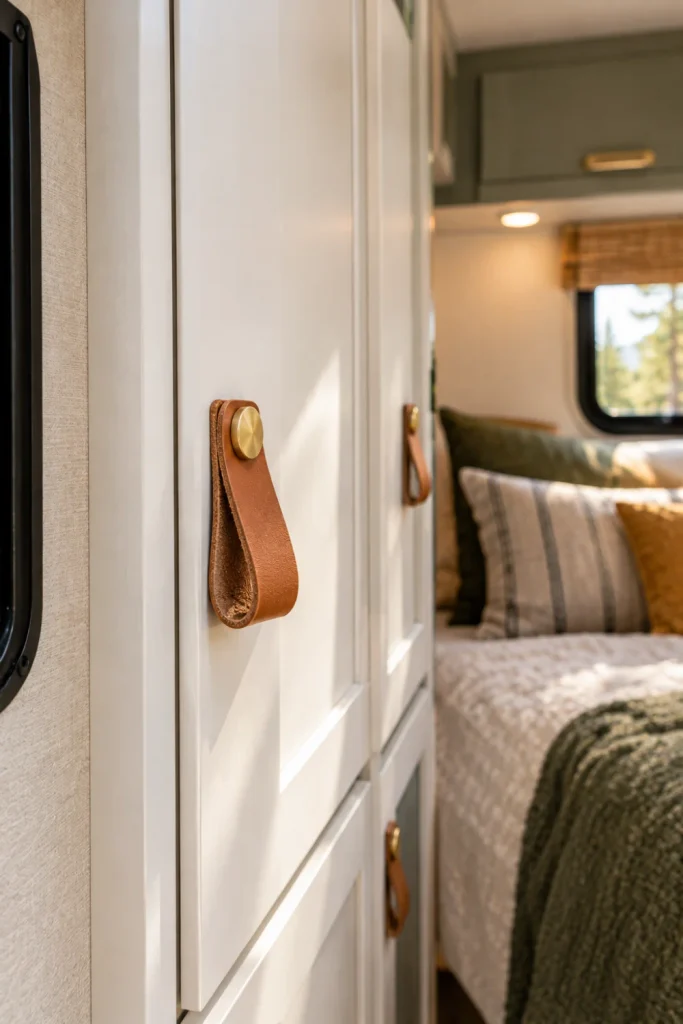 A detailed close-up showing a small RV bedroom cabinet door where the original metal knob has been replaced by a stylish, looped tan leather strap pull secured with a small brass bolt.
