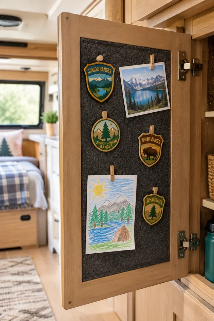 Felt memo board mounted inside an RV camper wardrobe door displaying children's drawings and park badges.