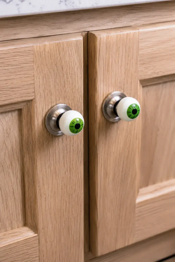 Hand-painted wooden eyeball beads slipped over round brushed metal cabinet knobs in an RV galley.
