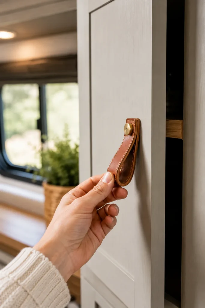 Cognac leather strap handle with brass hardware installed on an RV bedroom cabinet door.