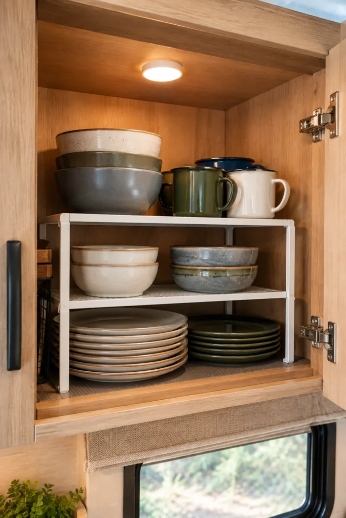 Metal wire shelf riser doubling dish storage space inside a tall camper kitchen cabinet.