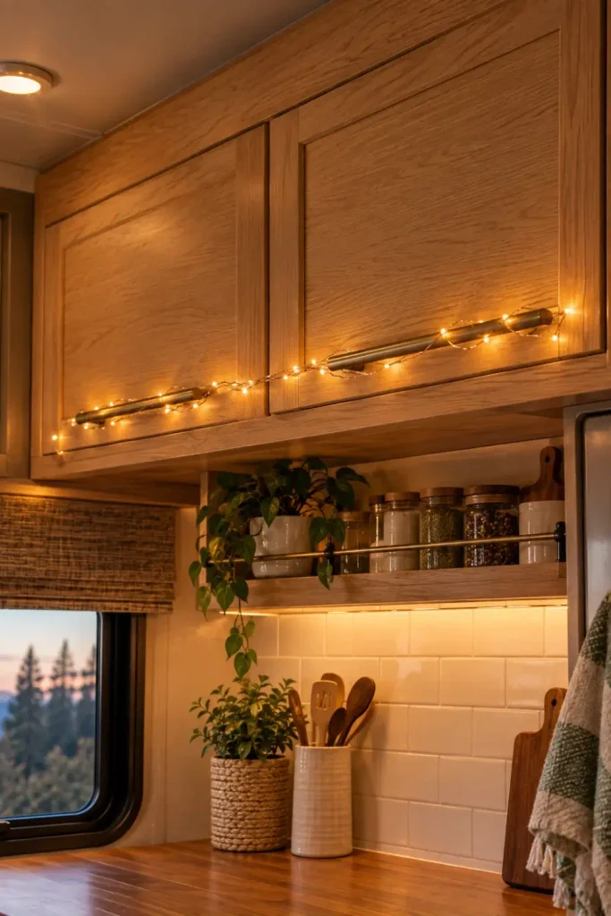 Warm copper fairy lights woven neatly through upper RV cabinet door handles in an oak wood camper interior.

