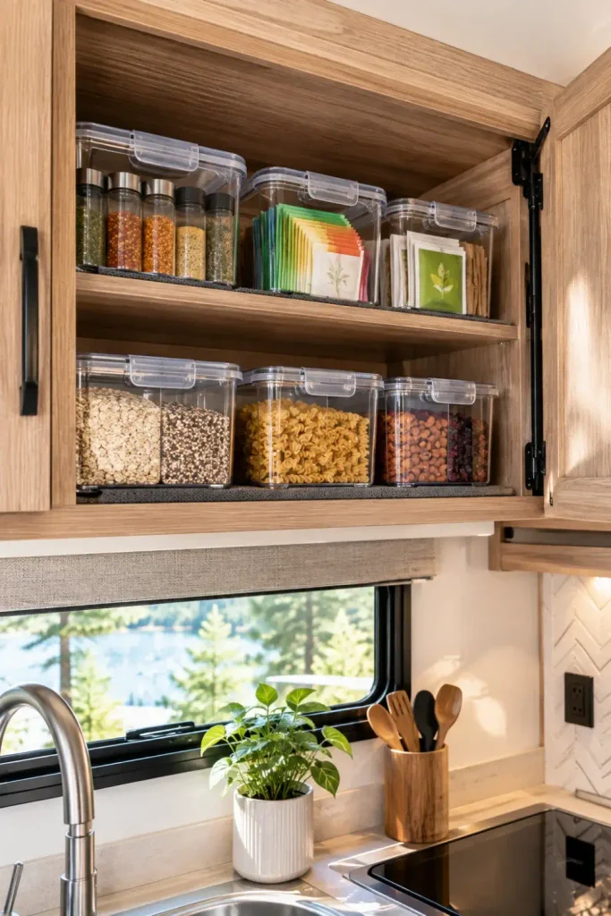 Organized camper kitchen cabinet fitted with clear latching bins on non-slip liners to prevent items falling.
