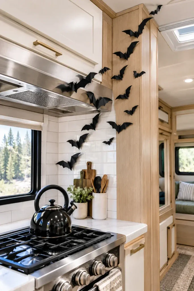 Black 3D cardstock bats mounted flying across an RV kitchen range hood and wood slide trim.